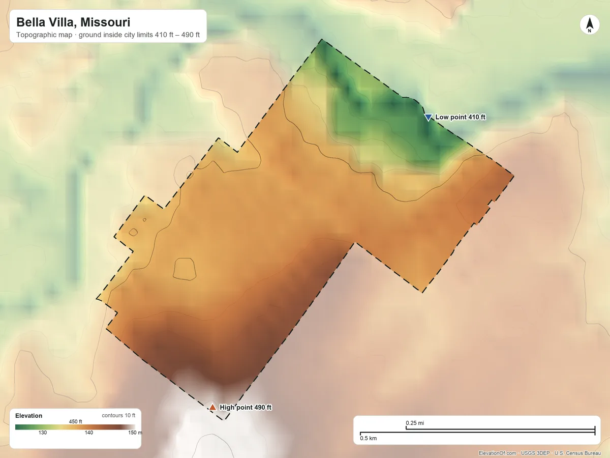 Topographic elevation map of Bella Villa, Missouri, shaded from 410 ft on the northeast side to 490 ft on the south side