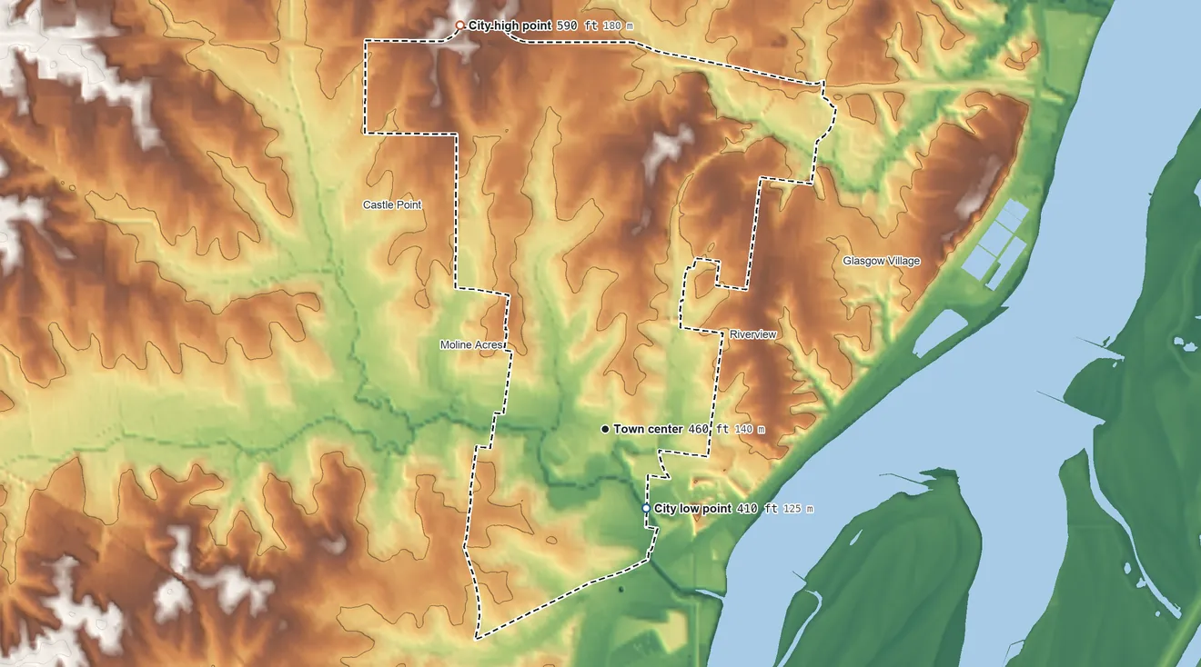 Topographic elevation map of Bellefontaine Neighbors, Missouri, shaded from 410 ft on the southeast side to 590 ft on the north side