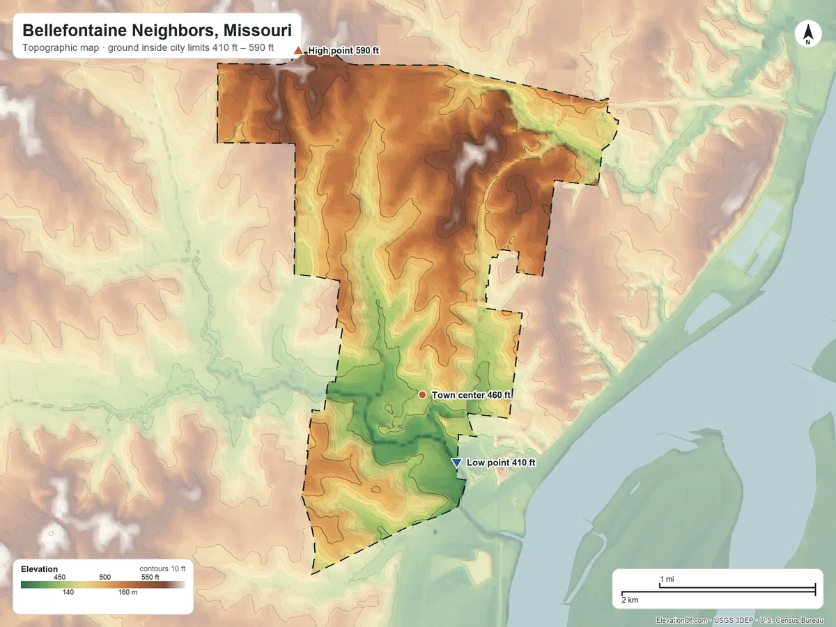 Topographic elevation map of Bellefontaine Neighbors, Missouri, shaded from 410 ft on the southeast side to 590 ft on the north side