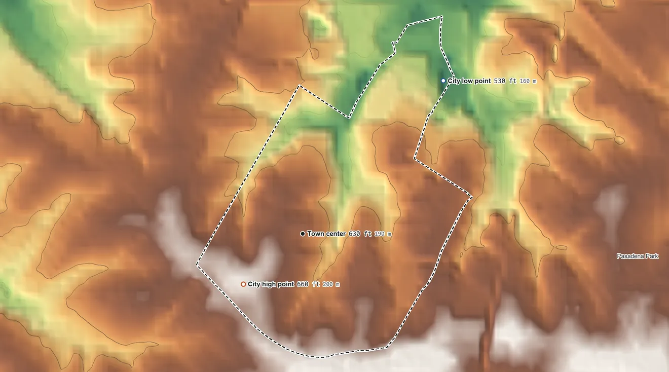 Topographic elevation map of Bellerive Acres, Missouri, shaded from 530 ft on the northeast side to 660 ft on the southwest side