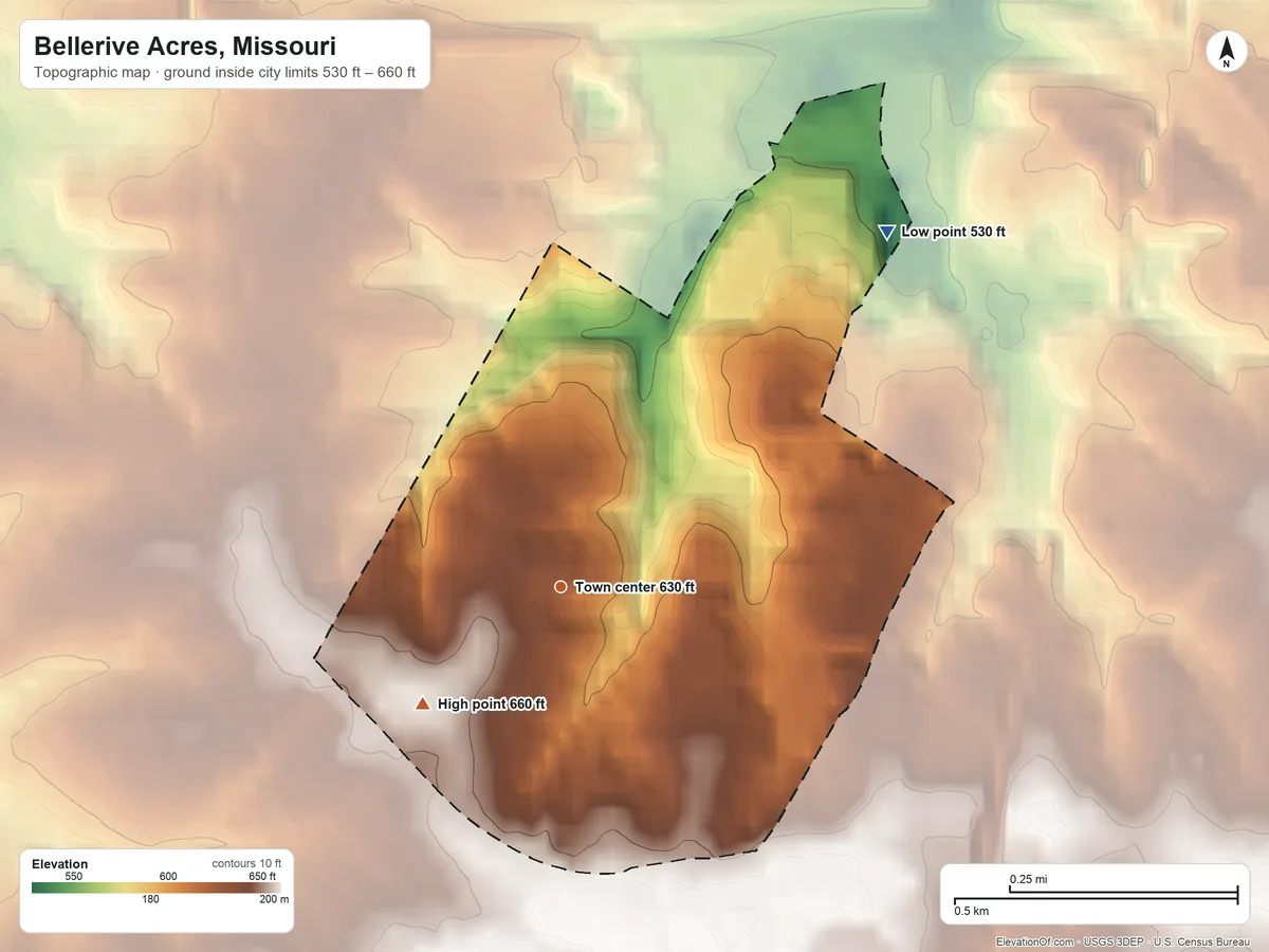 Topographic elevation map of Bellerive Acres, Missouri, shaded from 530 ft on the northeast side to 660 ft on the southwest side
