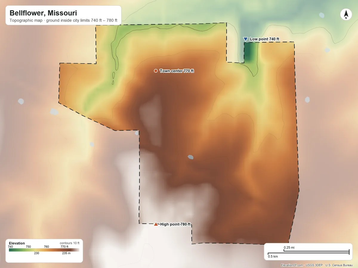 Topographic elevation map of Bellflower, Missouri, shaded from 740 ft on the east side to 780 ft on the south side