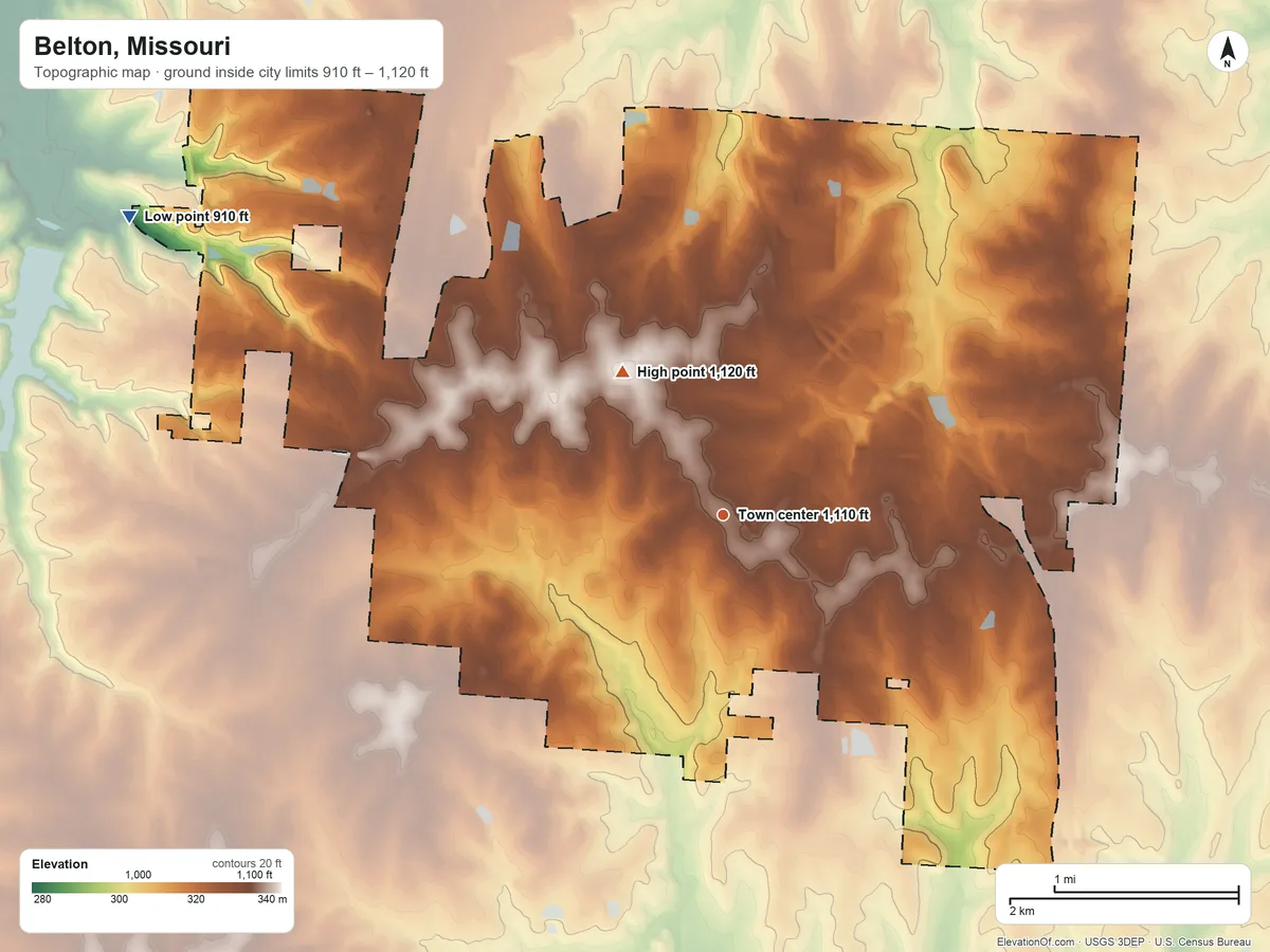 Topographic elevation map of Belton, Missouri, shaded from 910 ft on the northwest side to 1,120 ft on the northwest side