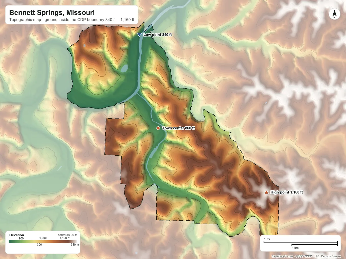 Topographic elevation map of Bennett Springs, Missouri, shaded from 840 ft on the north side to 1,160 ft on the southeast side
