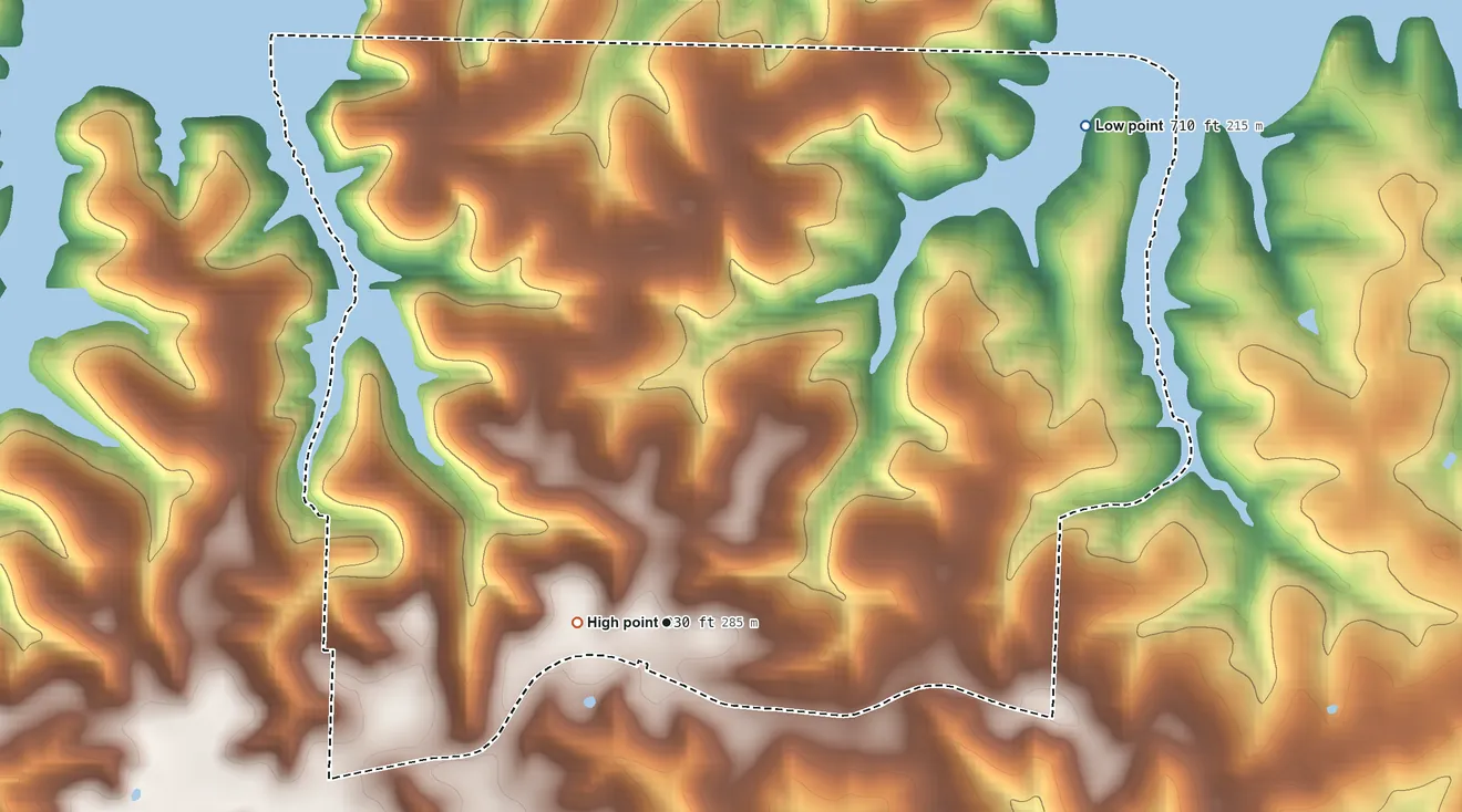 Topographic elevation map of Bent Tree Harbor, Missouri, shaded from 710 ft on the northeast side to 930 ft near the middle