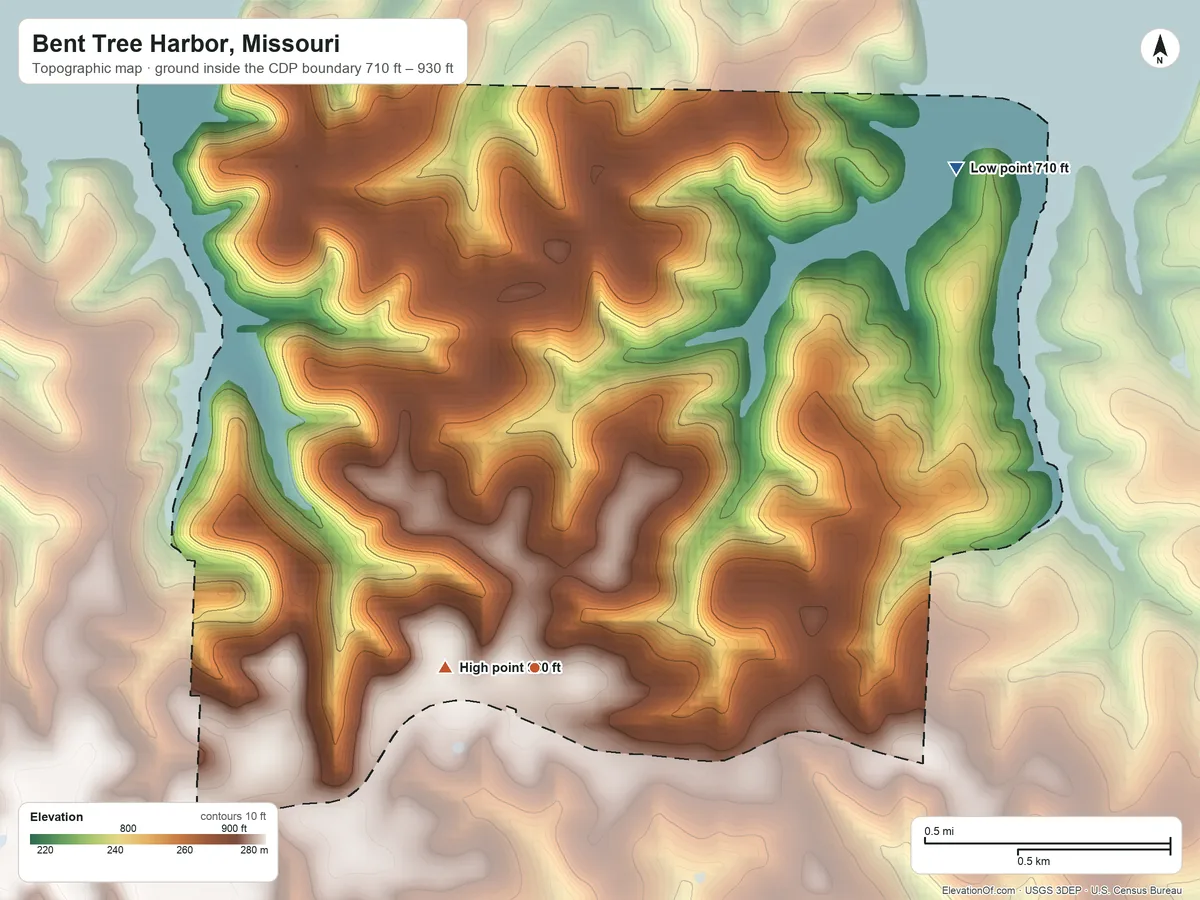 Topographic elevation map of Bent Tree Harbor, Missouri, shaded from 710 ft on the northeast side to 930 ft near the middle