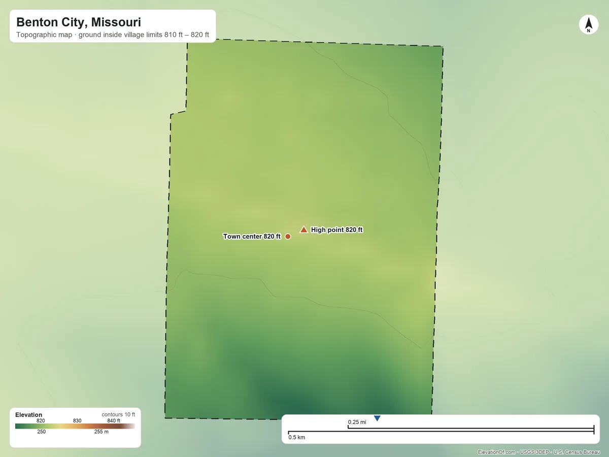 Topographic elevation map of Benton City, Missouri, shaded from 810 ft on the southeast side to 820 ft near the middle