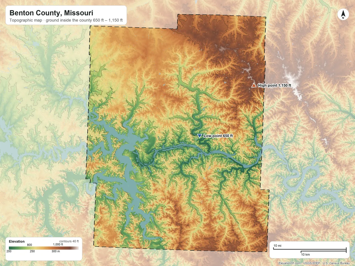Topographic elevation map of Benton County, Missouri, shaded from 650 ft near the middle to 1,150 ft on the northeast side