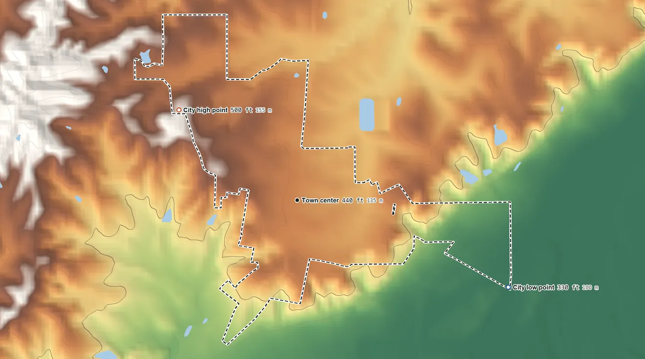 Topographic elevation map of Benton, Missouri, shaded from 330 ft on the east side to 500 ft on the northwest side