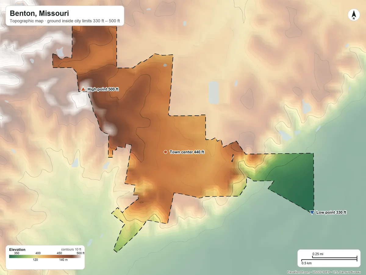 Topographic elevation map of Benton, Missouri, shaded from 330 ft on the east side to 500 ft on the northwest side