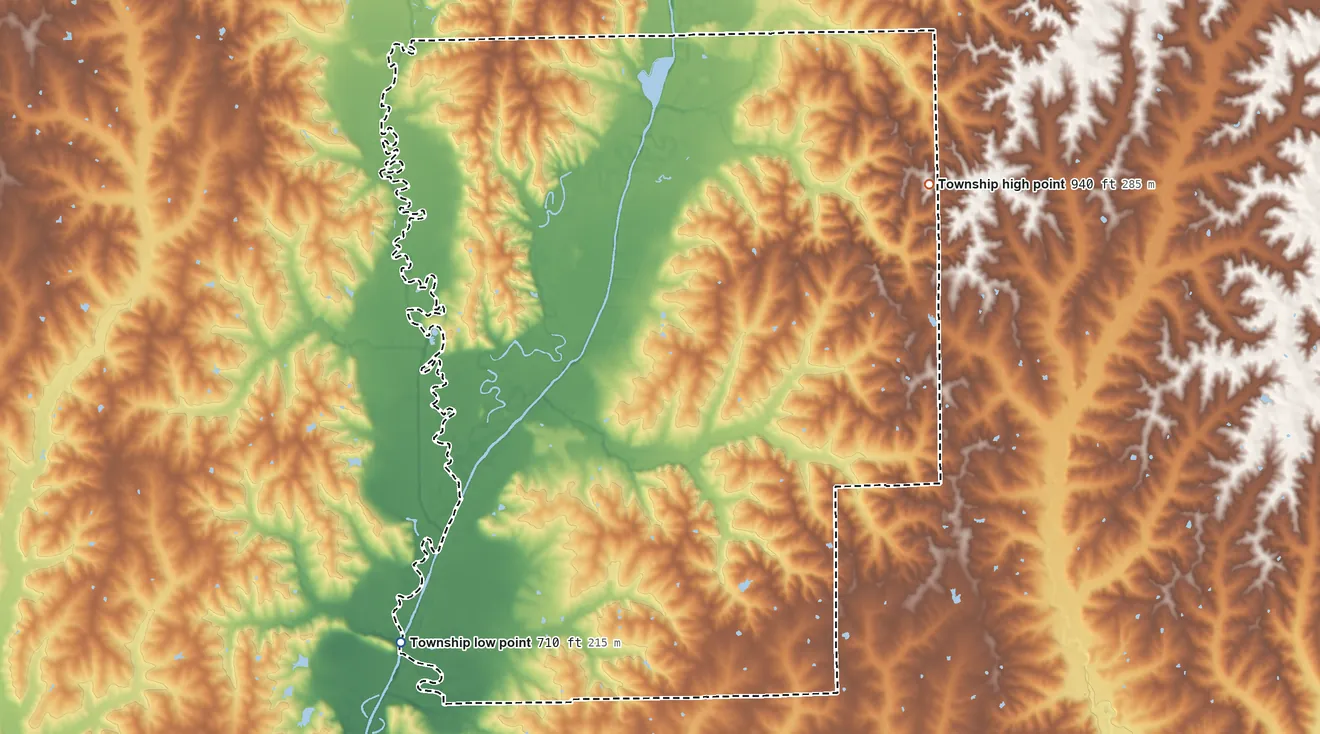 Topographic elevation map of Benton Township, Linn County, Missouri, shaded from 710 ft on the southwest side to 940 ft on the northeast side