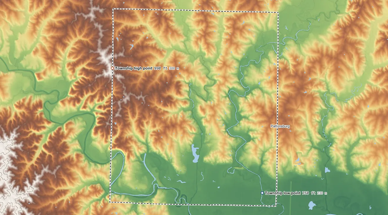 Topographic elevation map of Benton Township, Missouri, shaded from 750 ft on the south side to 990 ft on the northwest side