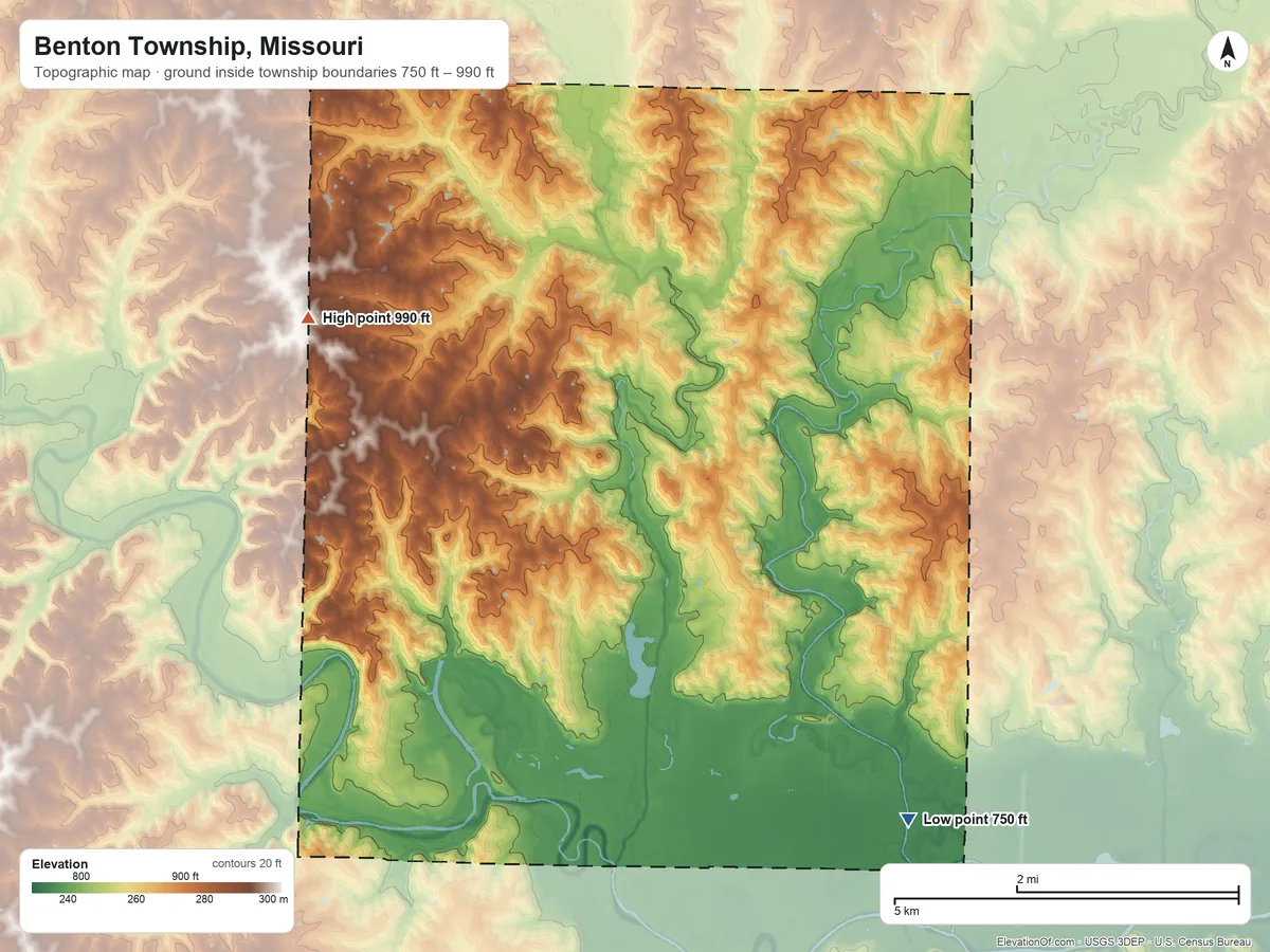 Topographic elevation map of Benton Township, Missouri, shaded from 750 ft on the south side to 990 ft on the northwest side