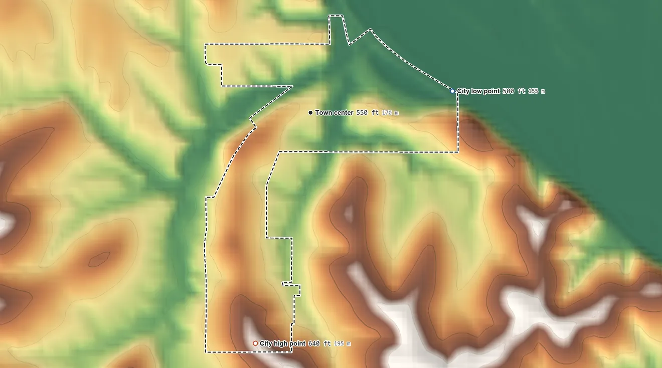 Topographic elevation map of Berger, Missouri, shaded from 500 ft on the east side to 640 ft on the south side