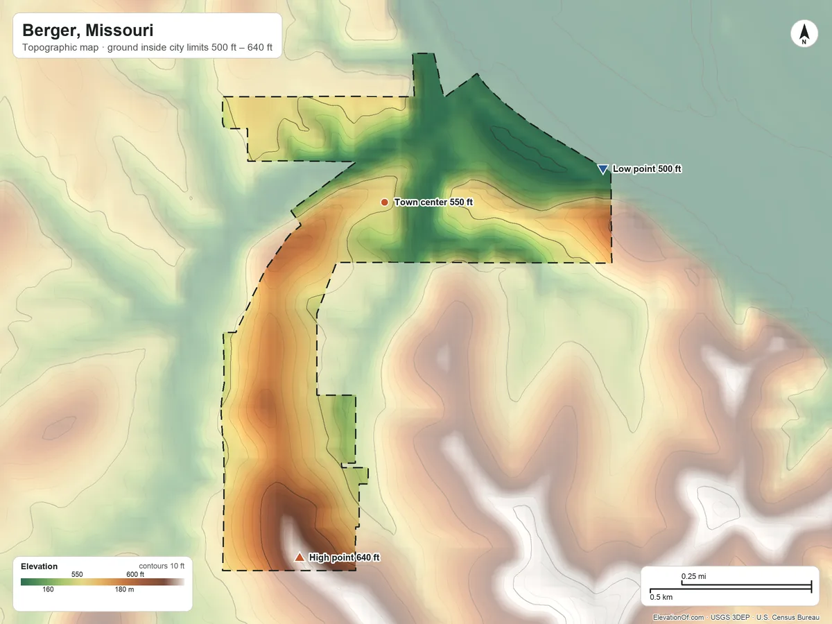 Topographic elevation map of Berger, Missouri, shaded from 500 ft on the east side to 640 ft on the south side