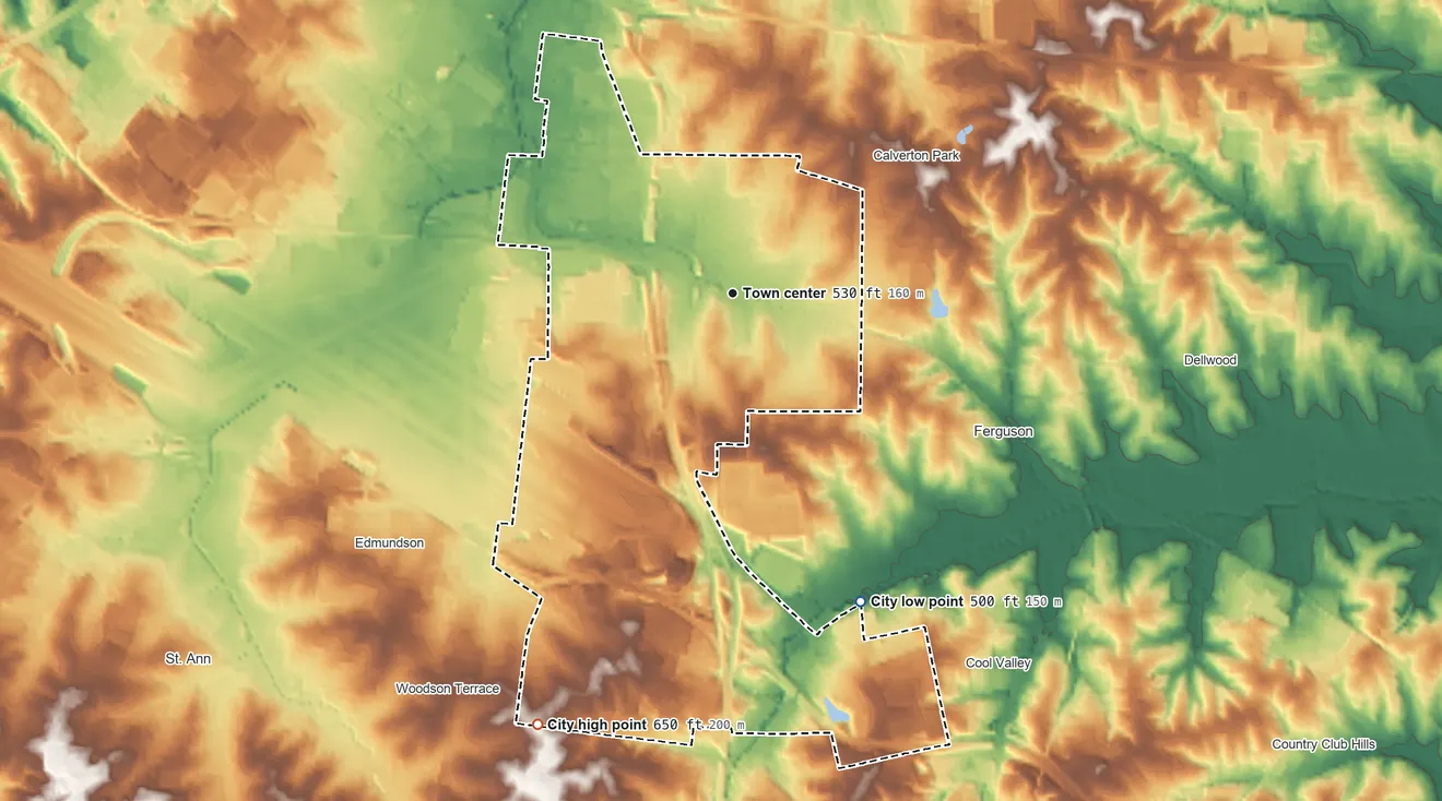 Topographic elevation map of Berkeley, Missouri, shaded from 500 ft on the southeast side to 650 ft on the southwest side