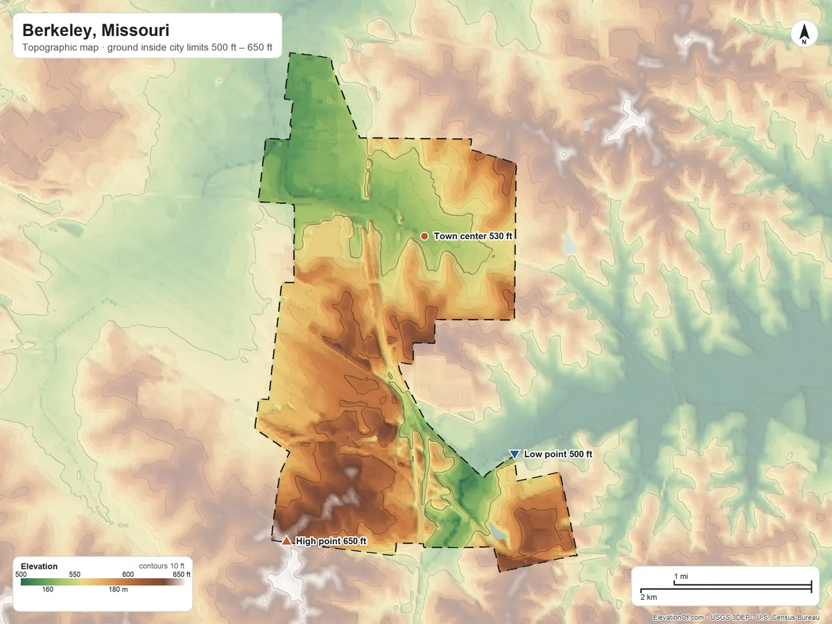 Topographic elevation map of Berkeley, Missouri, shaded from 500 ft on the southeast side to 650 ft on the southwest side