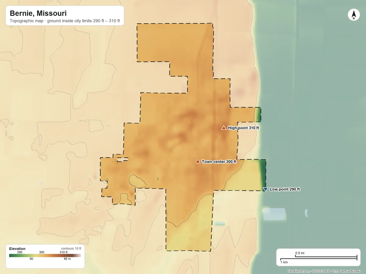 Topographic elevation map of Bernie, Missouri, shaded from 290 ft on the east side to 310 ft on the northeast side
