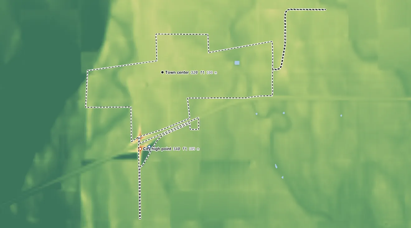 Topographic elevation map of Bertrand, Missouri, shaded from 310 ft on the south side to 340 ft on the south side