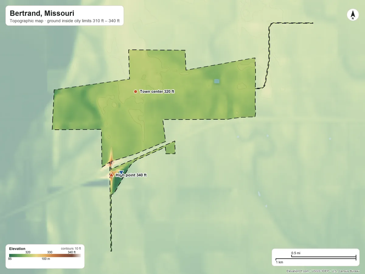 Topographic elevation map of Bertrand, Missouri, shaded from 310 ft on the south side to 340 ft on the south side
