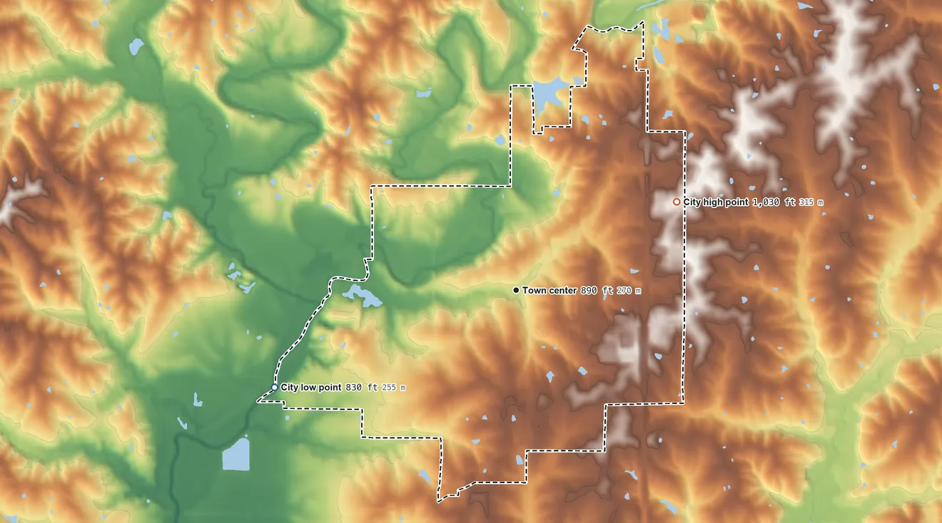 Topographic elevation map of Bethany, Missouri, shaded from 830 ft on the west side to 1,030 ft on the northeast side