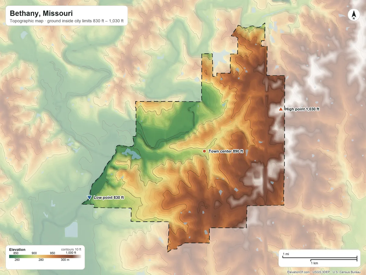 Topographic elevation map of Bethany, Missouri, shaded from 830 ft on the west side to 1,030 ft on the northeast side