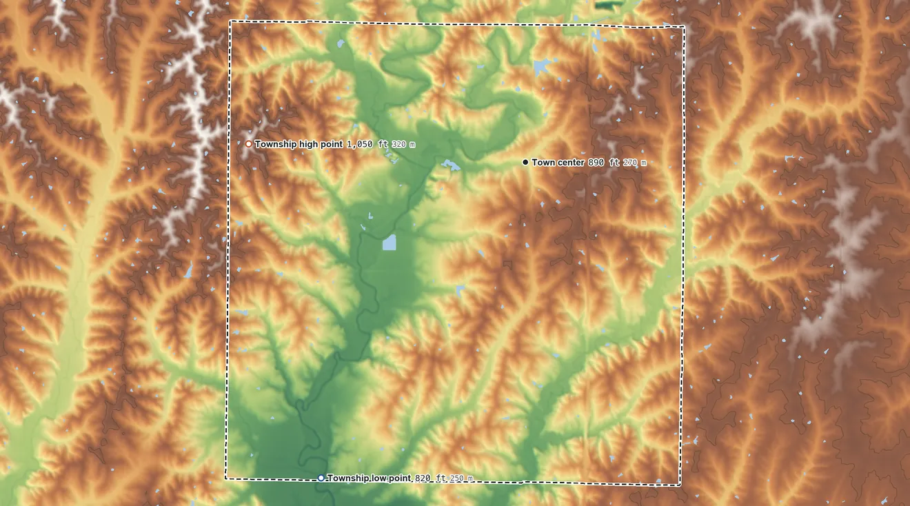 Topographic elevation map of Bethany Township, Missouri, shaded from 820 ft on the southwest side to 1,050 ft on the west side