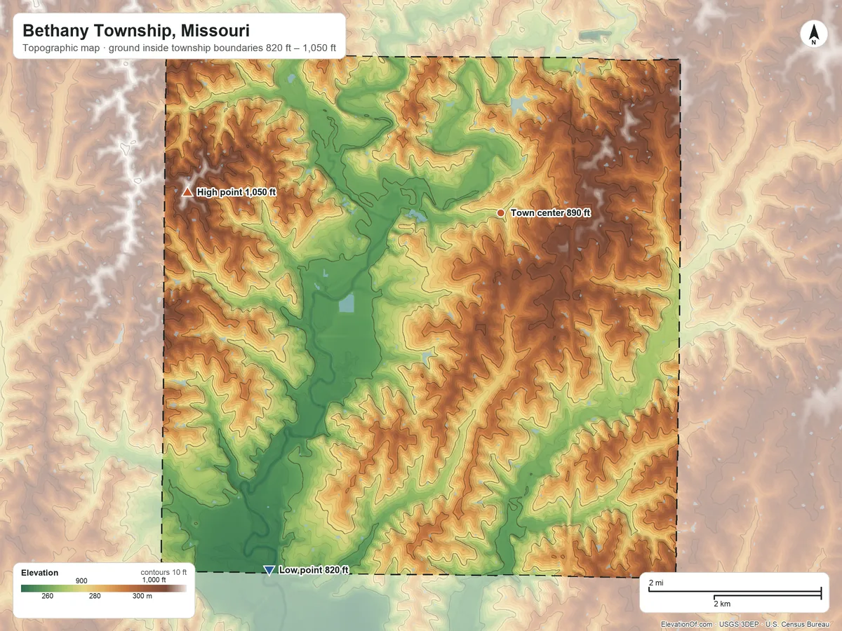 Topographic elevation map of Bethany Township, Missouri, shaded from 820 ft on the southwest side to 1,050 ft on the west side