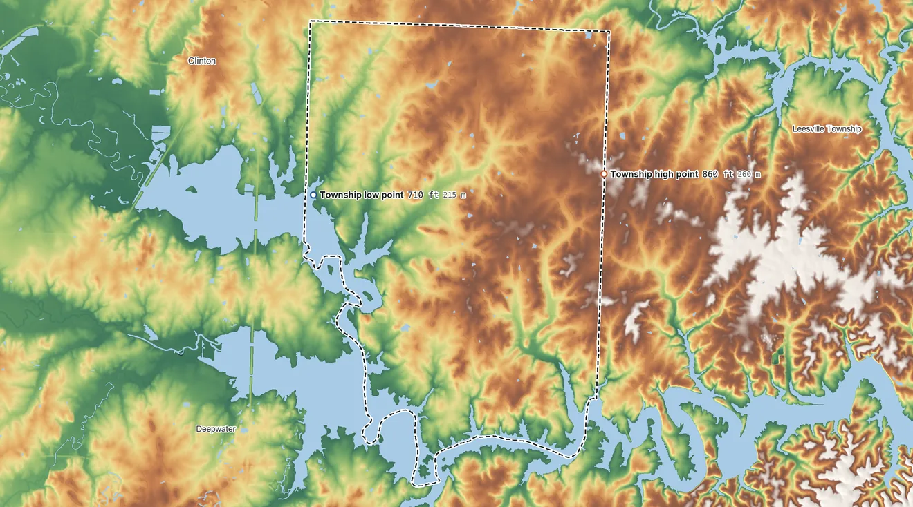 Topographic elevation map of Bethlehem Township, Missouri, shaded from 710 ft on the west side to 860 ft on the east side