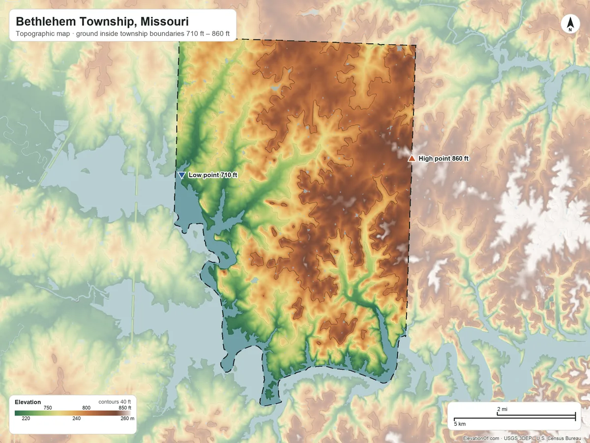Topographic elevation map of Bethlehem Township, Missouri, shaded from 710 ft on the west side to 860 ft on the east side