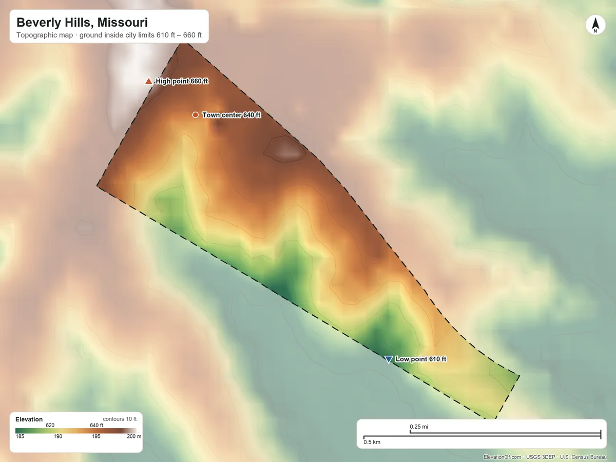 Topographic elevation map of Beverly Hills, Missouri, shaded from 610 ft on the southeast side to 660 ft on the northwest side