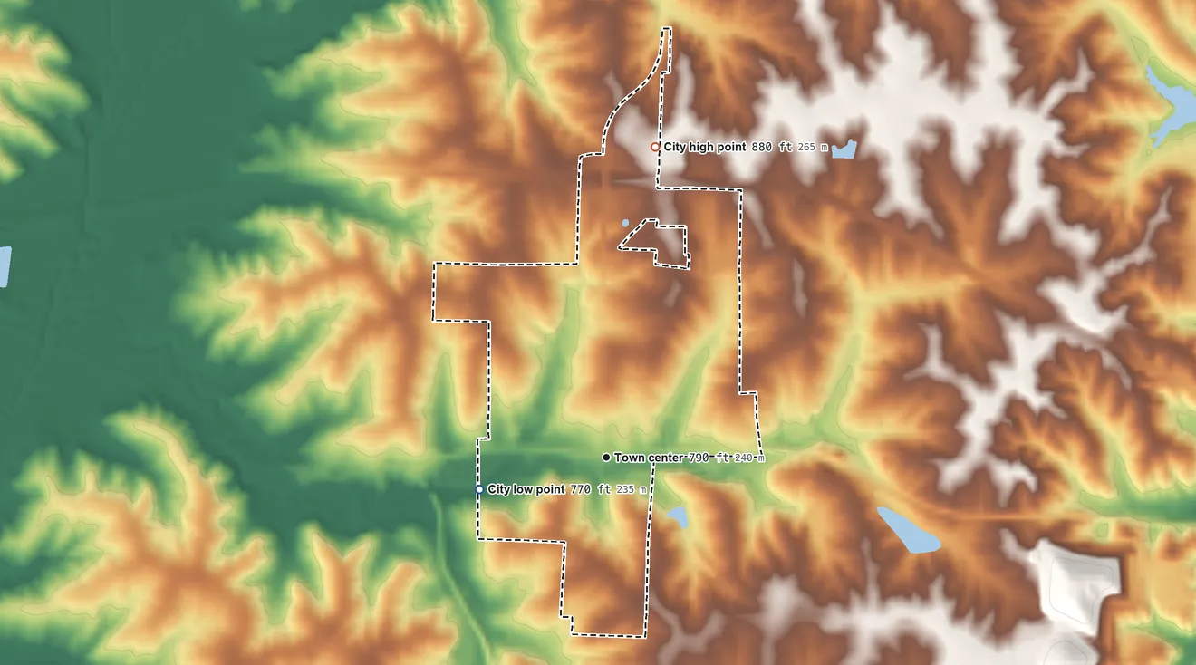 Topographic elevation map of Bevier, Missouri, shaded from 770 ft on the west side to 880 ft on the north side