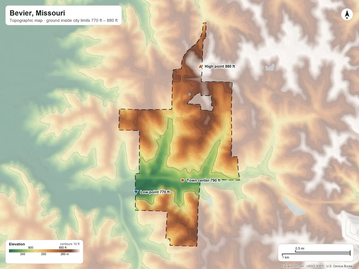 Topographic elevation map of Bevier, Missouri, shaded from 770 ft on the west side to 880 ft on the north side