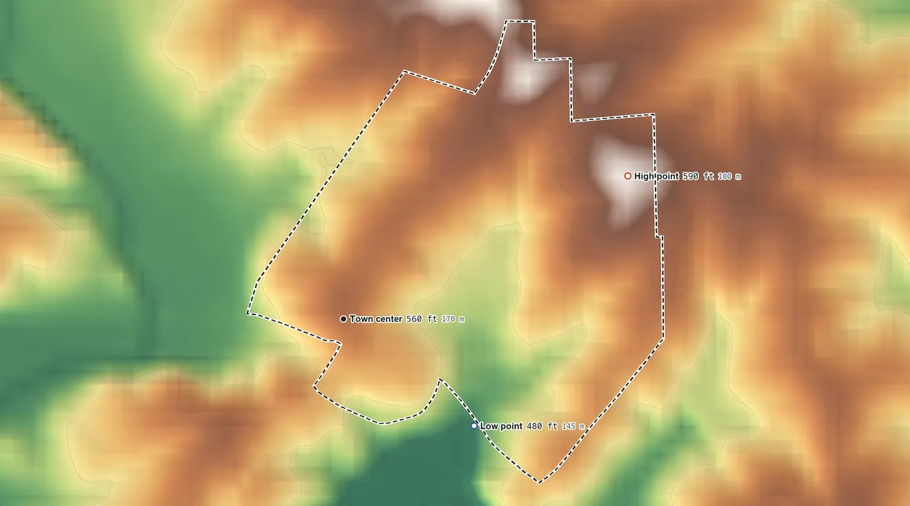 Topographic elevation map of Biehle, Missouri, shaded from 480 ft on the southeast side to 590 ft on the northeast side