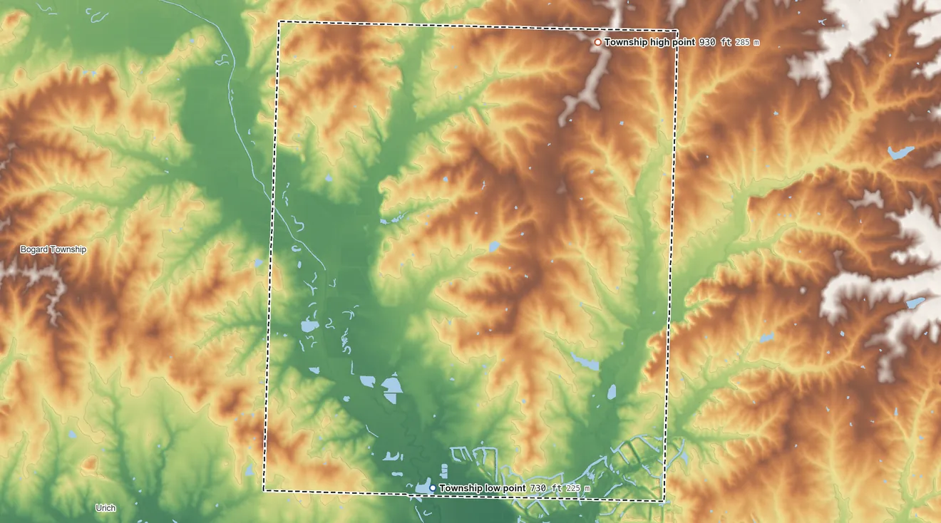 Topographic elevation map of Big Creek Township, Missouri, shaded from 730 ft on the southwest side to 930 ft on the north side
