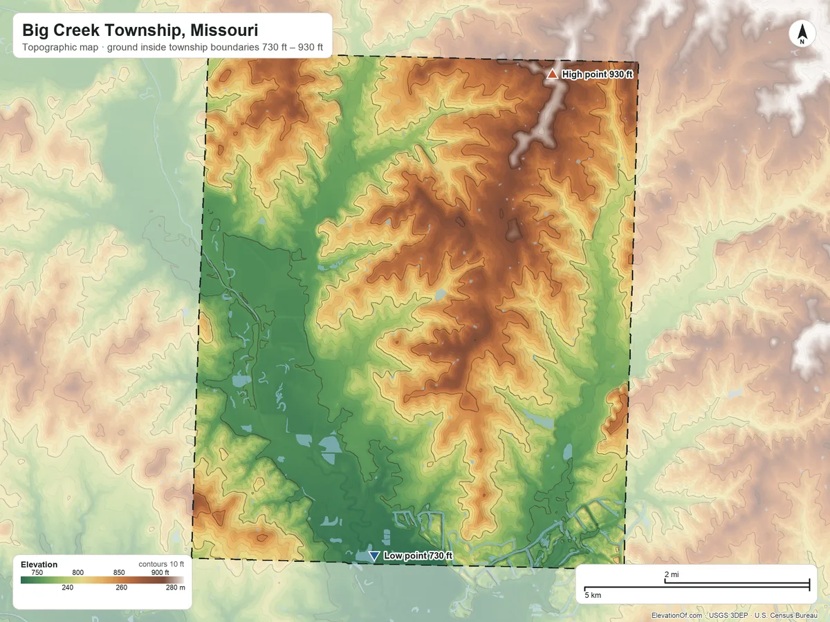 Topographic elevation map of Big Creek Township, Missouri, shaded from 730 ft on the southwest side to 930 ft on the north side