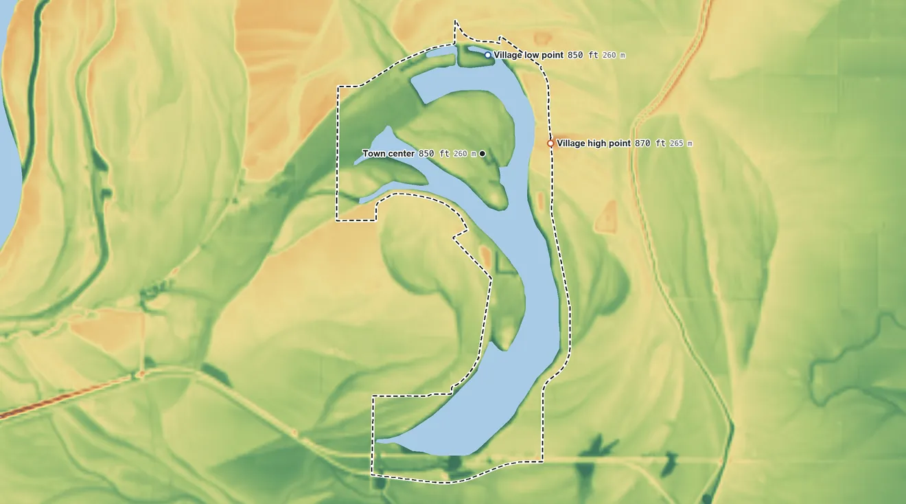 Topographic elevation map of Big Lake, Missouri, shaded from 850 ft on the north side to 870 ft on the east side
