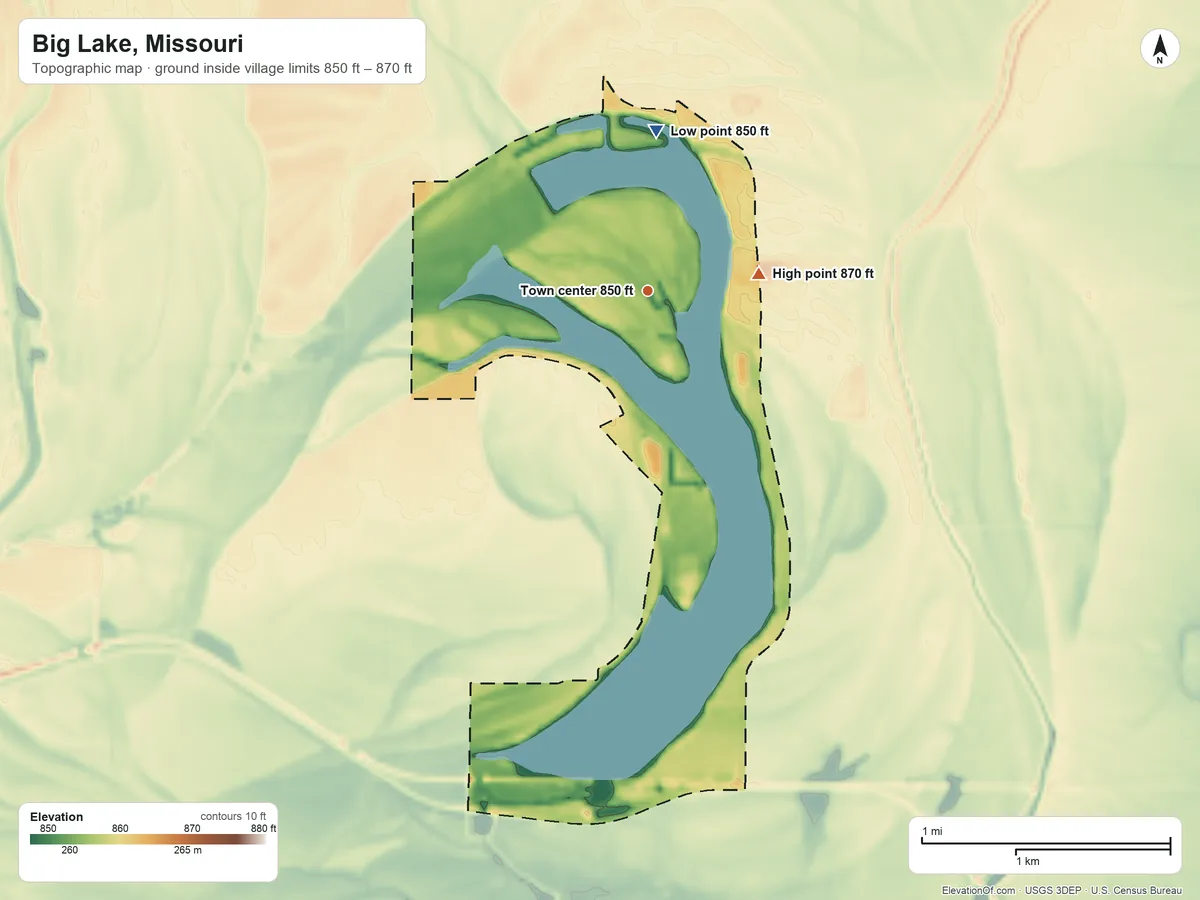 Topographic elevation map of Big Lake, Missouri, shaded from 850 ft on the north side to 870 ft on the east side
