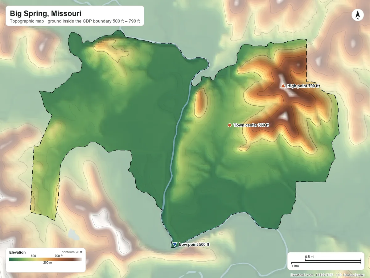 Topographic elevation map of Big Spring, Missouri, shaded from 500 ft on the southwest side to 790 ft on the northeast side