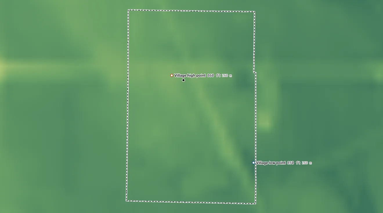 Topographic elevation map of Bigelow, Missouri, shaded from 850 ft on the southeast side to 860 ft near the middle