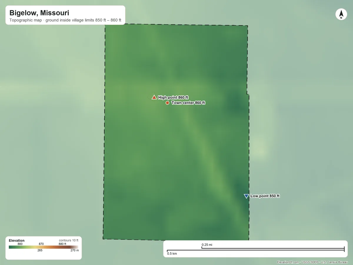 Topographic elevation map of Bigelow, Missouri, shaded from 850 ft on the southeast side to 860 ft near the middle