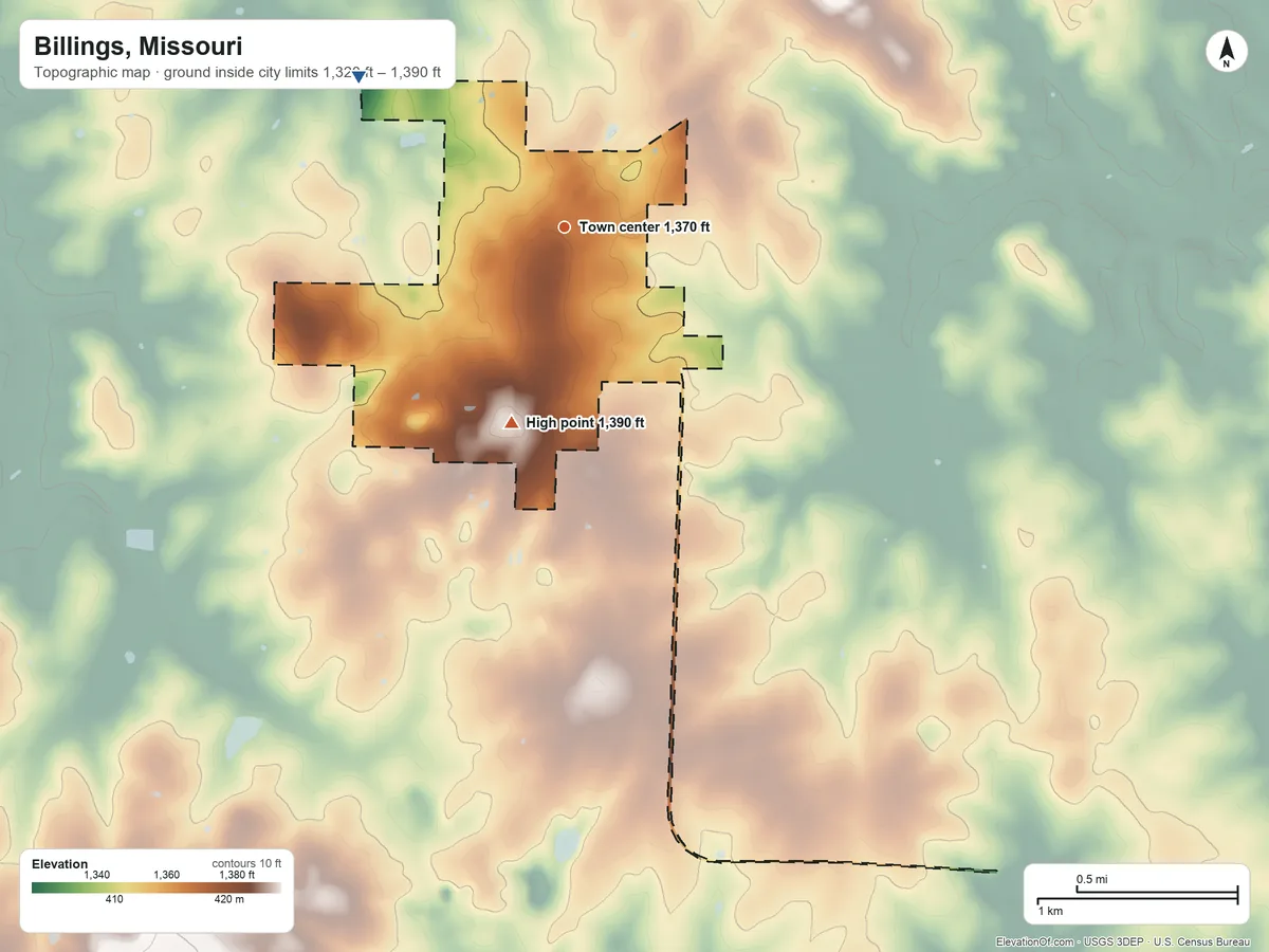 Topographic elevation map of Billings, Missouri, shaded from 1,320 ft on the northwest side to 1,390 ft on the south side
