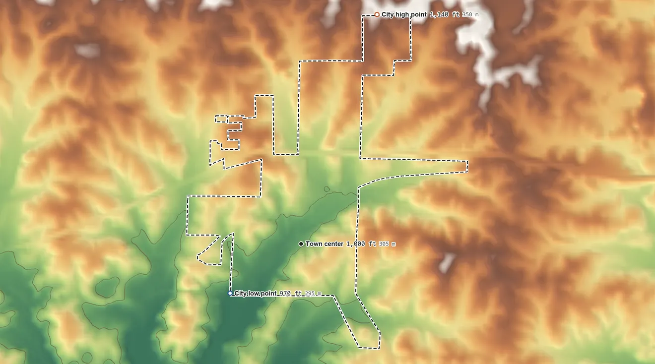 Topographic elevation map of Birch Tree, Missouri, shaded from 970 ft on the southwest side to 1,140 ft on the north side