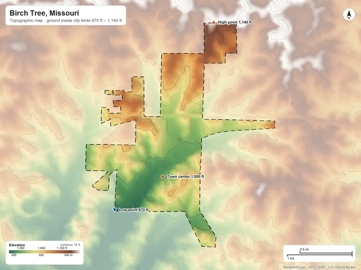 Topographic elevation map of Birch Tree, Missouri, shaded from 970 ft on the southwest side to 1,140 ft on the north side