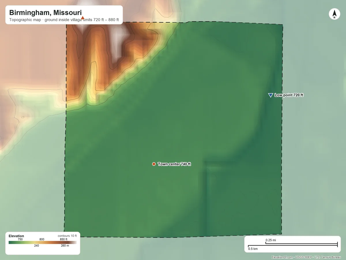 Topographic elevation map of Birmingham, Missouri, shaded from 720 ft on the northeast side to 880 ft on the northwest side