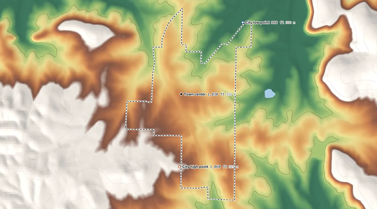 Topographic elevation map of Bismarck, Missouri, shaded from 980 ft on the northeast side to 1,060 ft on the south side