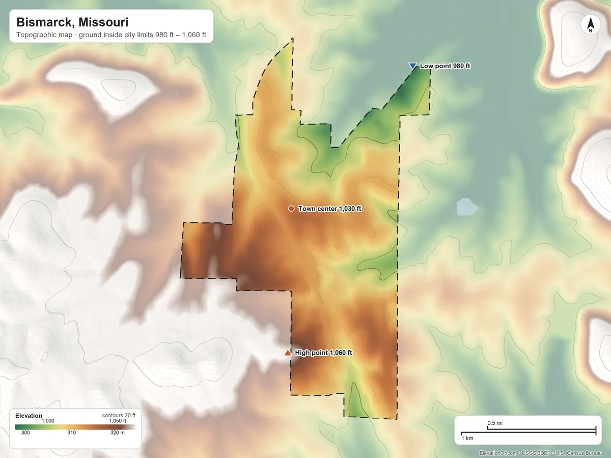 Topographic elevation map of Bismarck, Missouri, shaded from 980 ft on the northeast side to 1,060 ft on the south side