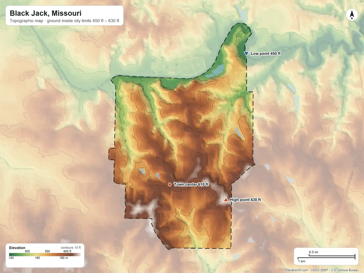 Topographic elevation map of Black Jack, Missouri, shaded from 450 ft on the northeast side to 630 ft on the east side