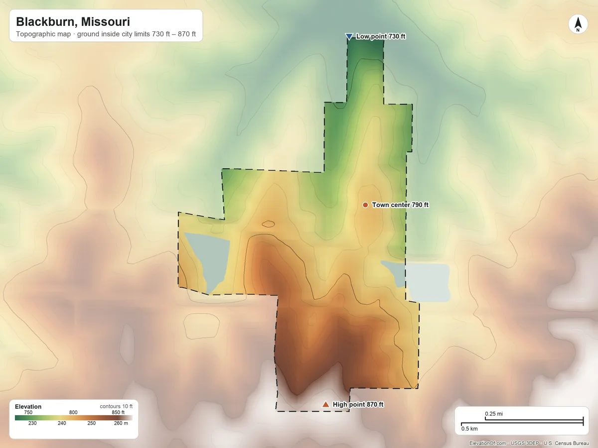 Topographic elevation map of Blackburn, Missouri, shaded from 730 ft on the north side to 870 ft on the south side