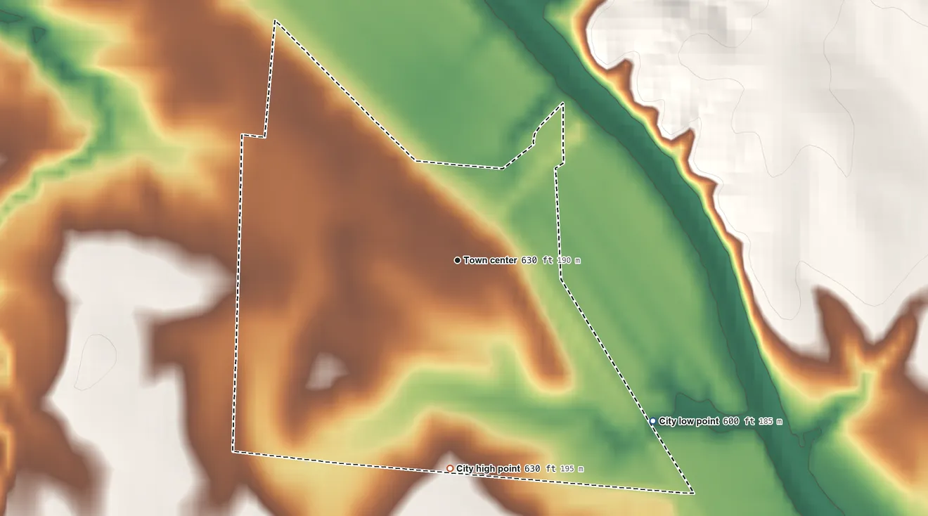 Topographic elevation map of Blackwater, Missouri, shaded from 600 ft on the southeast side to 630 ft on the south side